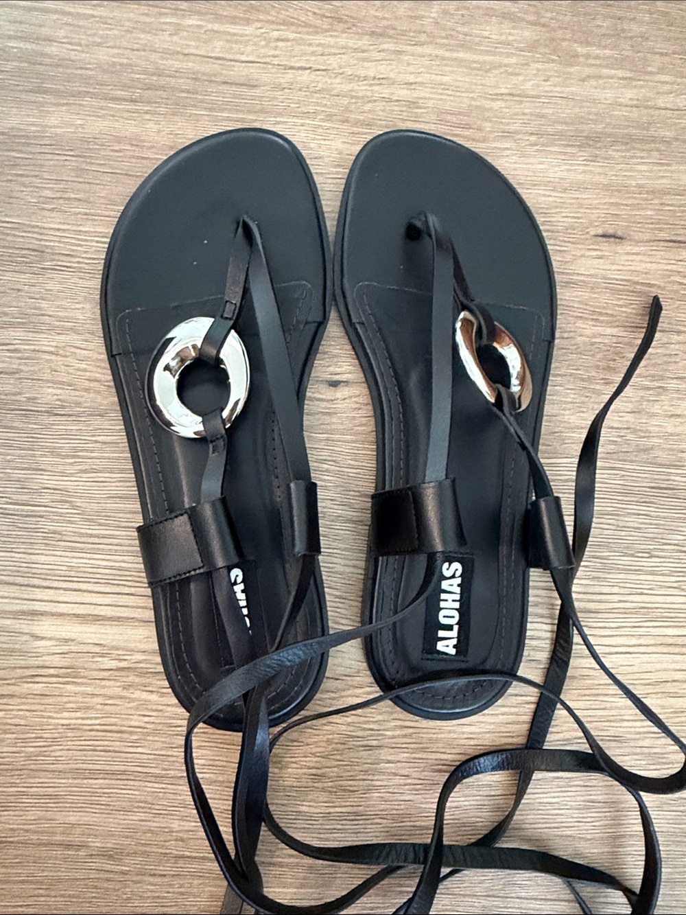 ALOHAS Black Leather Lace-Up Sandals with Silver Ring